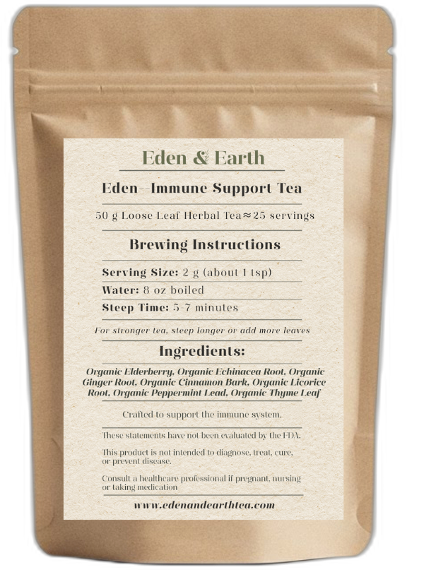 Our Eden blend contains Elderberry, Echinacea, Ginger, Cinnamon Bark, Licorice Root, Peppermint, and Thyme to support a balanced immune function and respiratory health. Our Eden blend contains Elderberry, Echinacea, Ginger, Cinnamon Bark, Licorice Root, Peppermint, and Thyme to support a balanced immune function and respiratory health.