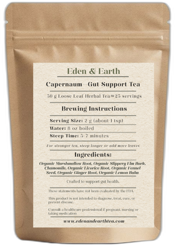 Our Capernaum blend is comprised of Marshmallow Root, Slippery Elm Bark, Chamomile, Licorice Root, Fennel Seed, Ginger Root, and Lemon Balm to support gut lining repair and reduce inflammation. Our Capernaum blend is comprised of Marshmallow Root, Slippery Elm Bark, Chamomile, Licorice Root, Fennel Seed, Ginger Root, and Lemon Balm to support gut lining repair and reduce inflammation.